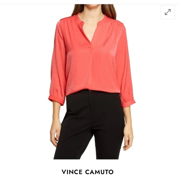 Vince Camuto Tops - Vince Camuto Vibrant Coral Orange Split V-Neck Blouse Size Small